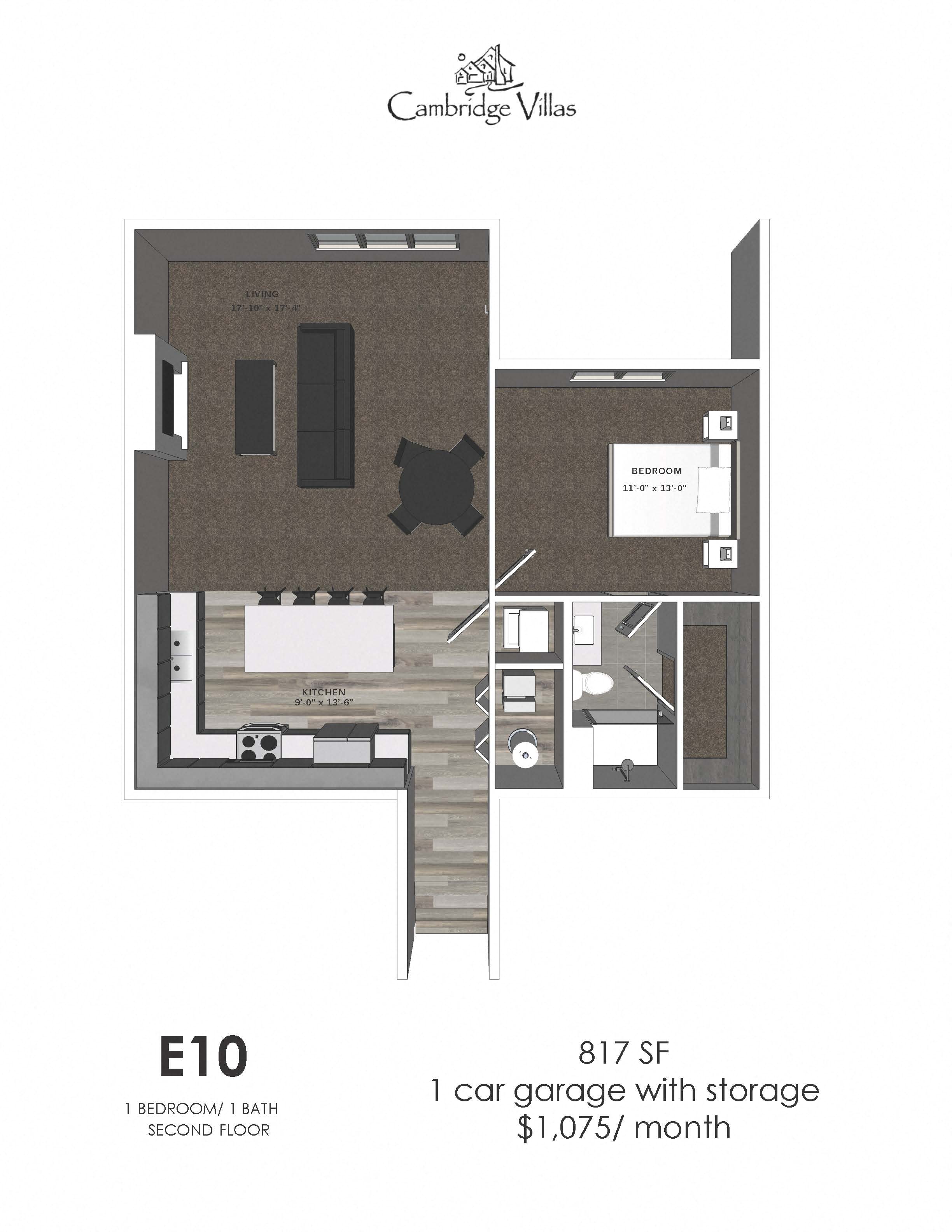Floor plan for 1 bed, 1 bath, 817 sqft